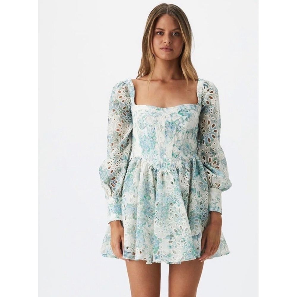 Bardot | Lila Flounce Eyelet Long Sleeve Mini Dress in Water Floral - Sz L/US 8